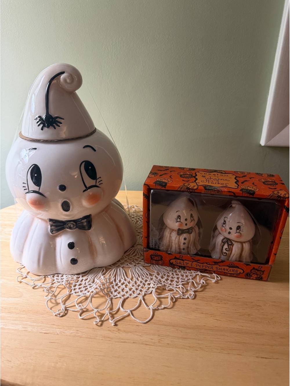 Johanna Parker Halloween Ghost Cookie Jar and Salt & Pepper Shakers Set